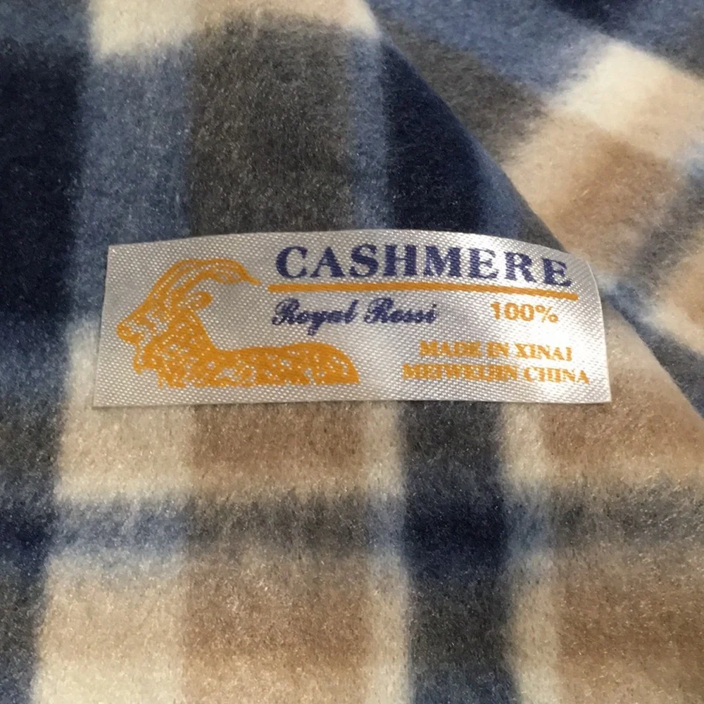 Royal Rossi blue tan cream white plaid 10”x62” cashmere scarf with fringe